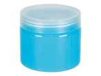 A clear plastic jar with a light blue gel inside and a translucent lid.