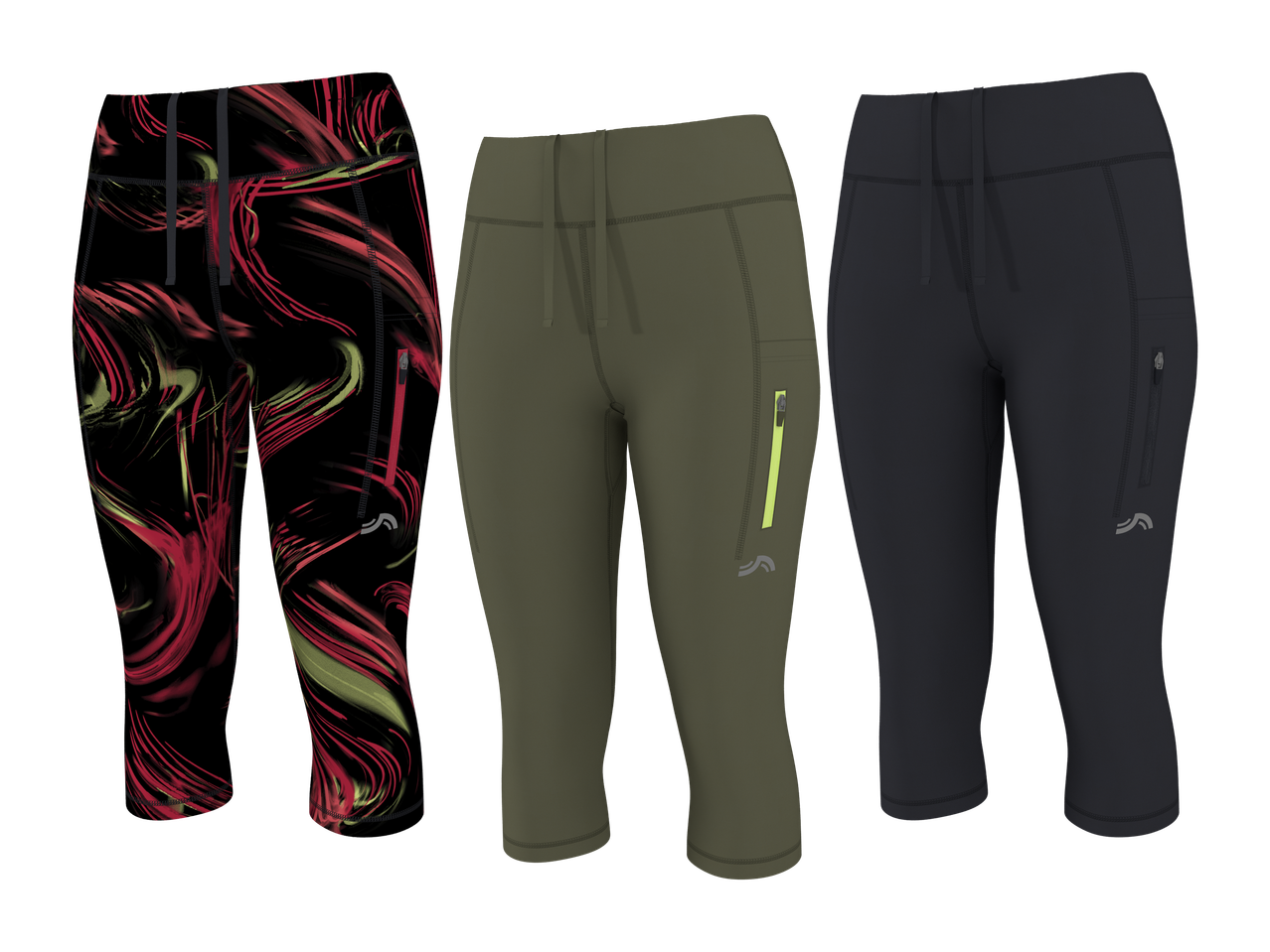 Trije modeli ženskih kapri pajkic: en par s črnim vzorcem, en par v olivno zeleni barvi in en par v temno sivi barvi.