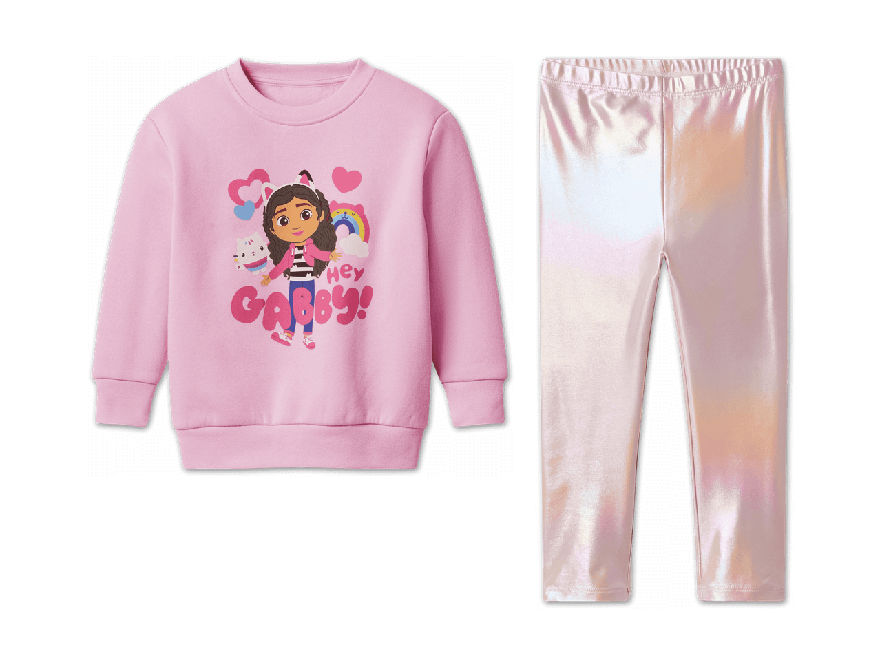 Ein rosa Sweatshirt mit Gabby-Motiv und glänzende Leggings für Kinder.