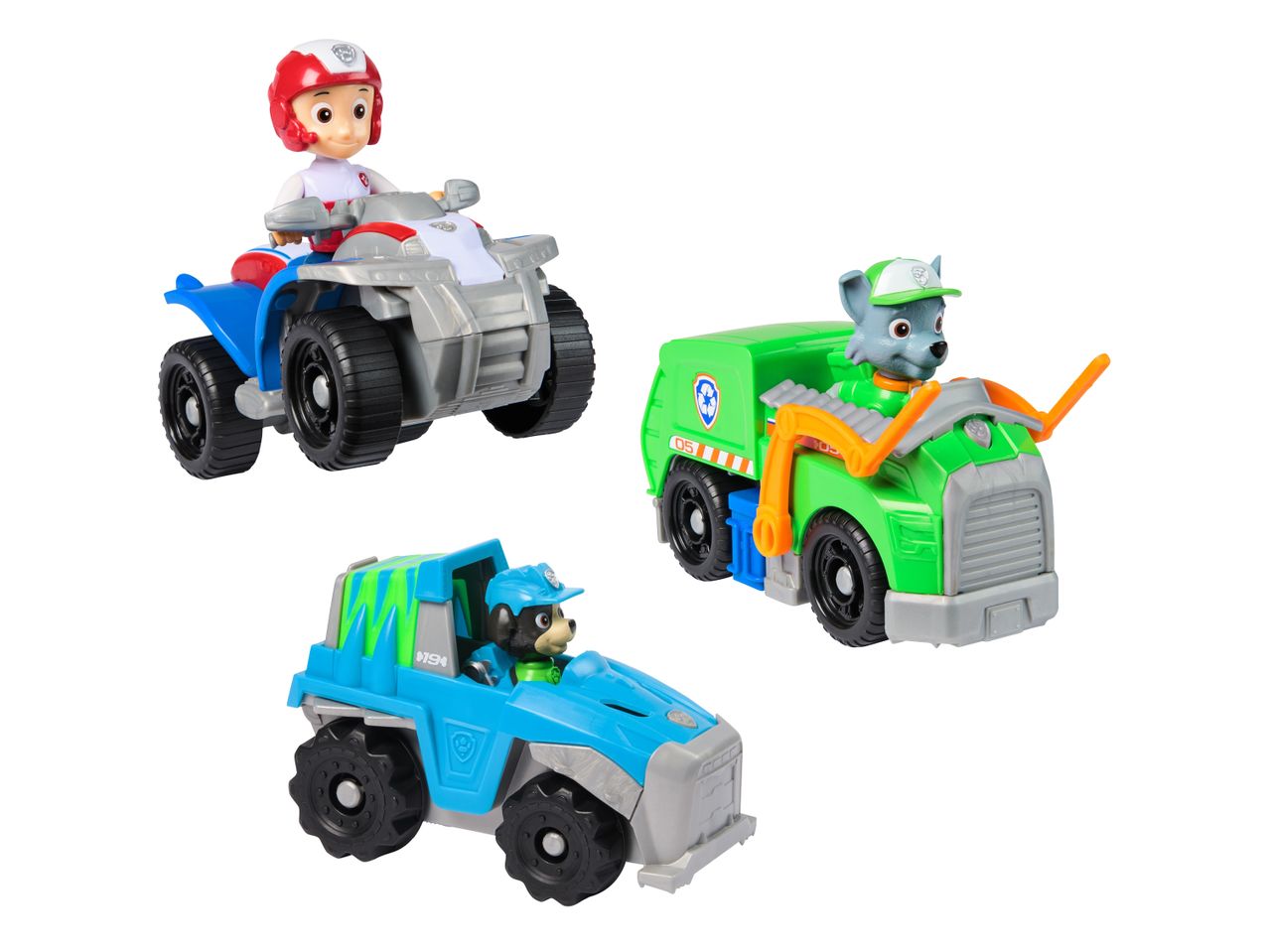 Drei Spielzeugfahrzeuge mit Figuren: ein Quad, ein Müllwagen und ein Geländewagen.