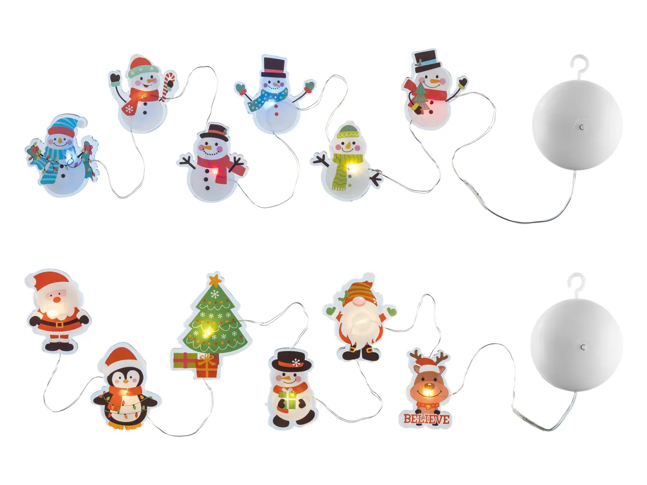 Weihnachtliche Lichterkette mit Schneemännern, Weihnachtsmann, Pinguin, Tannenbaum, Wichtel und Rentier.