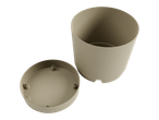 Beige plastic pot and saucer.