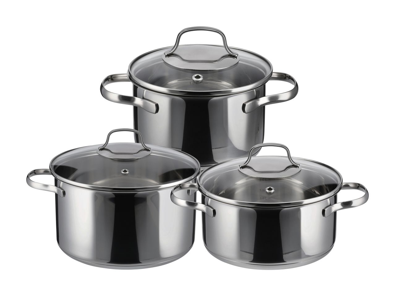 Sæt med tre skinnende rustfri stålgryder med glaslåg og håndtag.