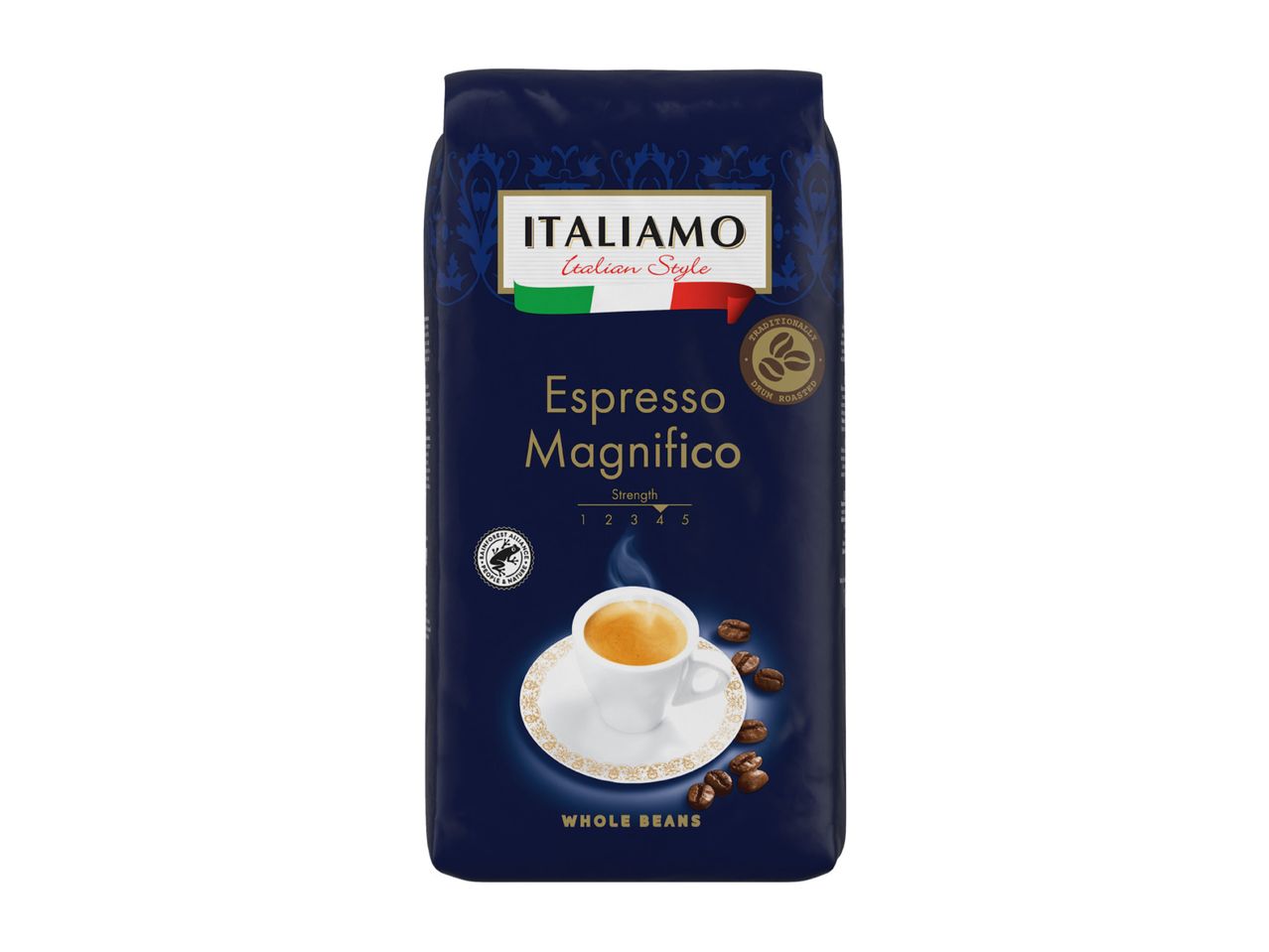 Dark blue bag of whole bean espresso coffee, with a cup of coffee and coffee beans.