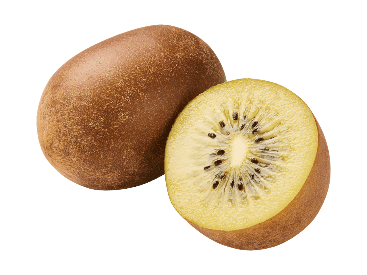 Eine ganze und eine halbierte goldene Kiwi mit gelbem Fruchtfleisch und schwarzen Kernen.