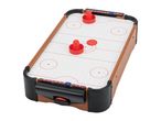 Tabletop air hockey game with two red mallets and a red puck.