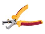 Yellow and red wire stripper tool with metal jaws and a spring mechanism.