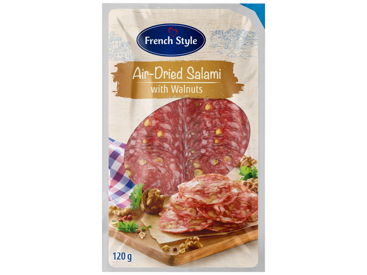 „French Style“ prekės ženklo oru džiovinta salami su graikiniais riešutais.
