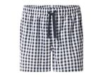 Men's blue and white checkered shorts with an elasticated waist and drawstring.