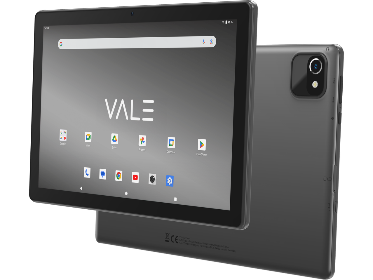 Vale Tablet mit Google-Apps auf dem Bildschirm, Rückseite mit Kamera und Anschlüssen sichtbar.
