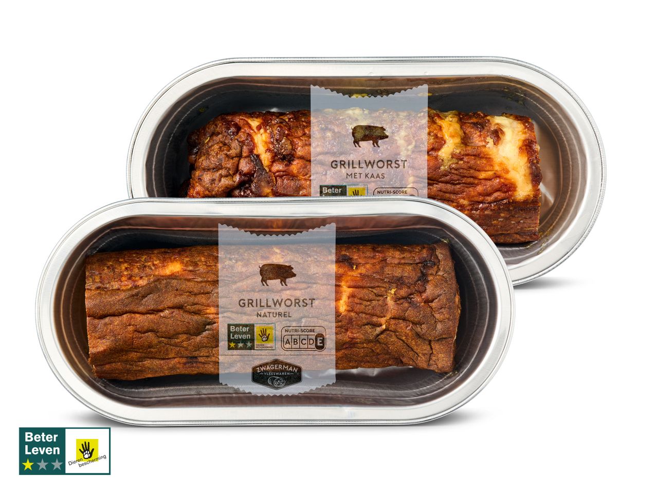 ZWAGERMAN Grillworst: twee bakjes, één met kaas, één naturel.