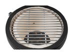 Top-down view of a round ceramic grill with a metal cooking grate.