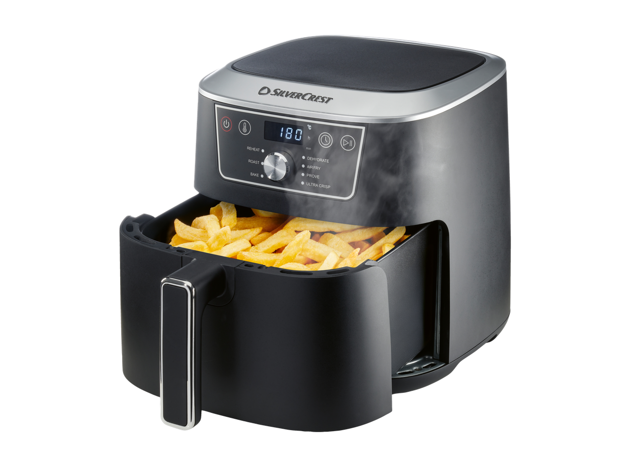 Fritadeira de ar SilverCrest com batatas fritas, display digital mostrando 180°C