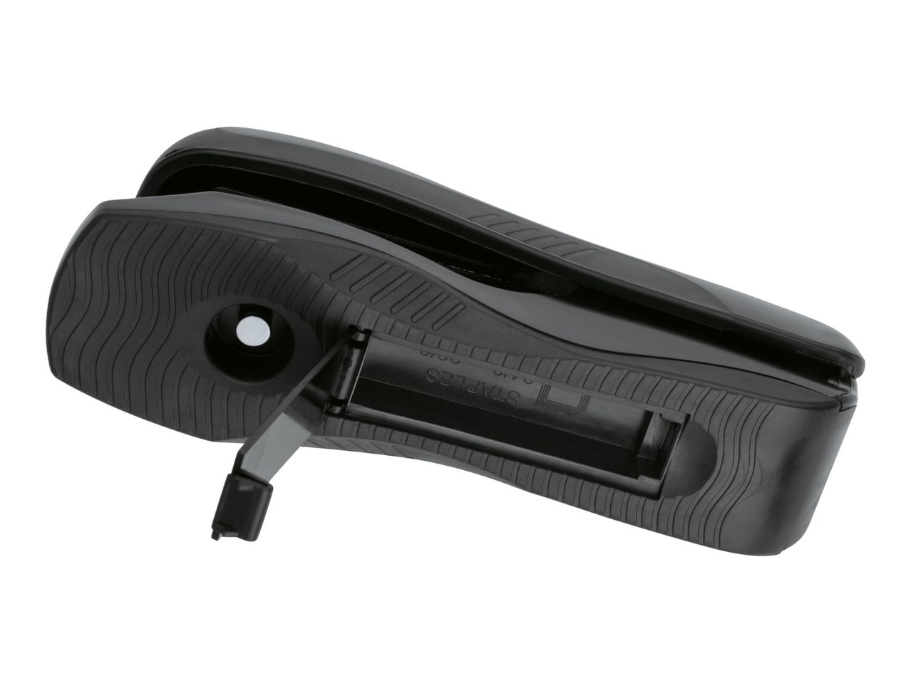 Black stapler with an open staple compartment, angled on a white background.