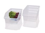 Two clear plastic refrigerator bins with ventilation holes, one containing lettuce and grapes.