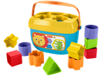 Fisher-Price baby shape sorter bucket with colorful shapes and stacking cups.