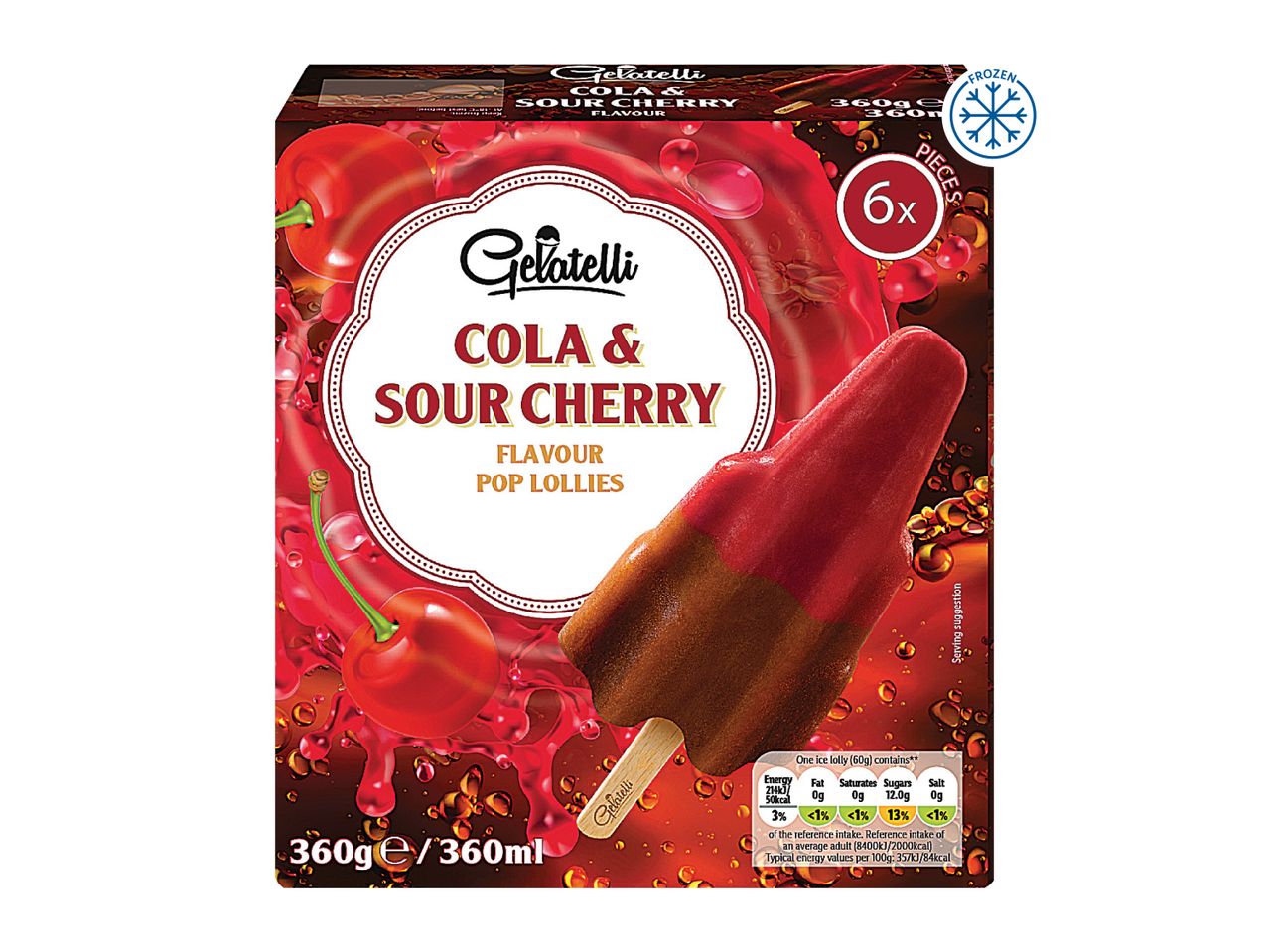 Box of 6 cola and sour cherry flavour pop lollies with nutritional information.