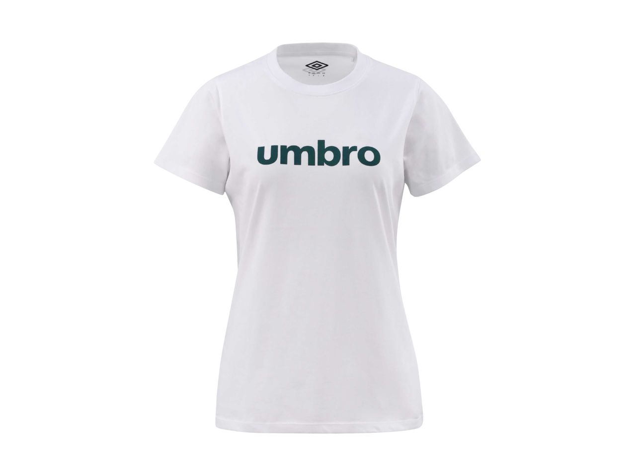 Hvid t-shirt med korte ærmer og et mørkegrønt logo på brystet.