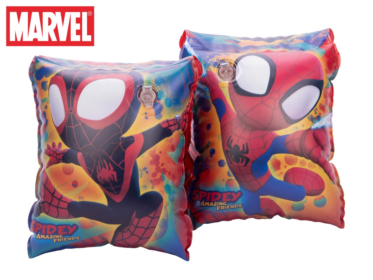 Two inflatable armbands featuring Spider-Man and Miles Morales from Spidey and His Amazing Friends.