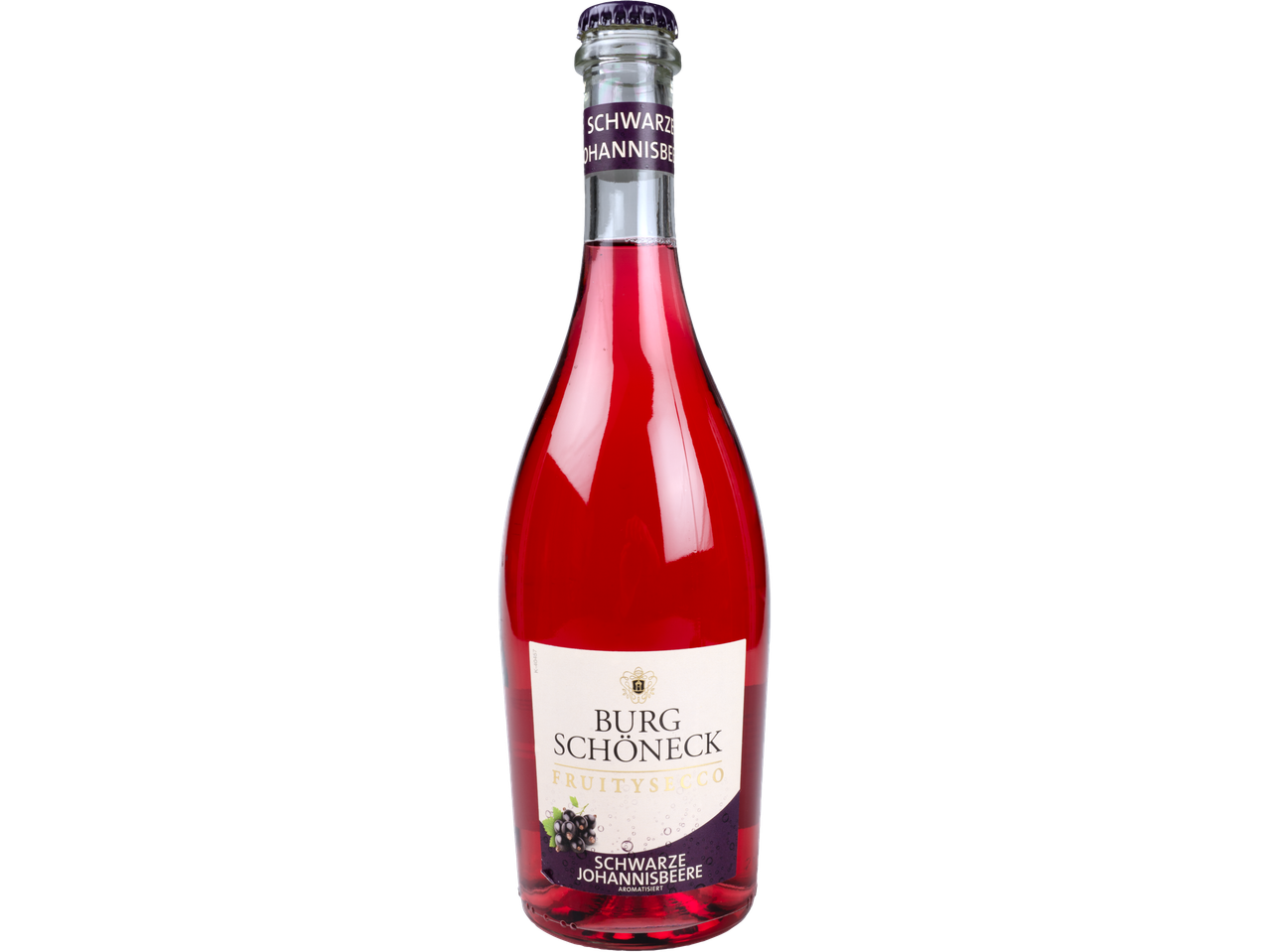 Sticla de Burg Schöneck Fruitsecco cu aromă de coacăze negre.
