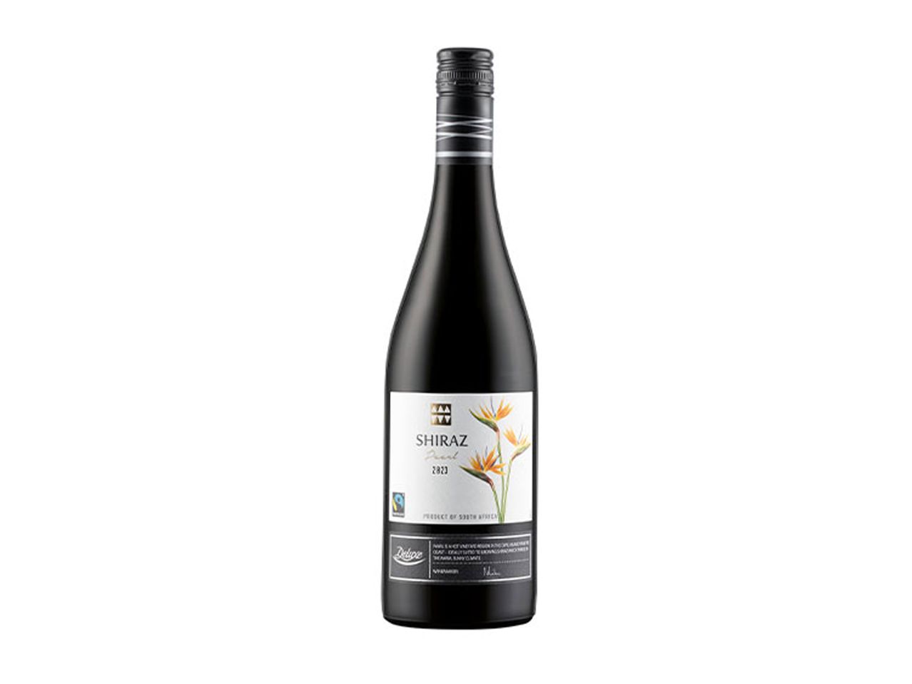 Delux Fairtrade South African Shiraz wine bottle on a white background