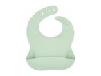Light green silicone baby bib with adjustable neck fasteners and a crumb catcher
