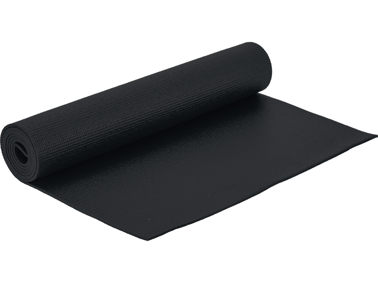 A black CRIVIT exercise mat, partially rolled up, on a black background.
