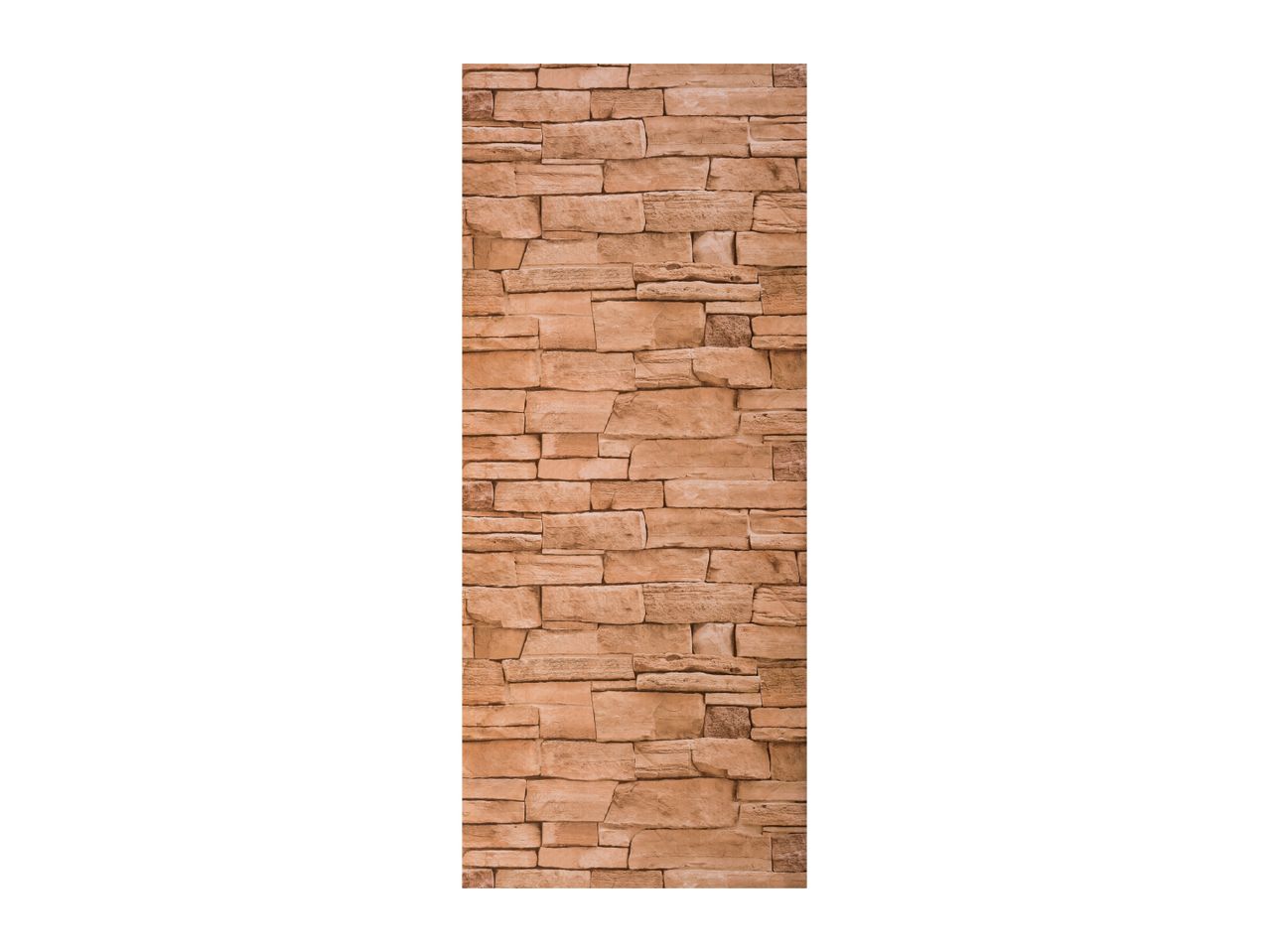 A vertical section of a brown stone wall with various sized rectangular blocks.