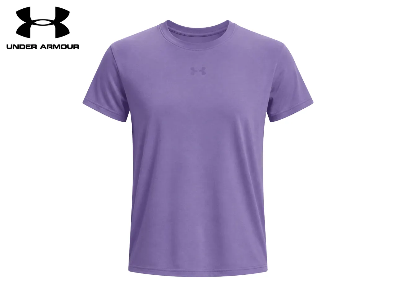 Purple short-sleeved crew neck t-shirt with a subtle logo on the chest.