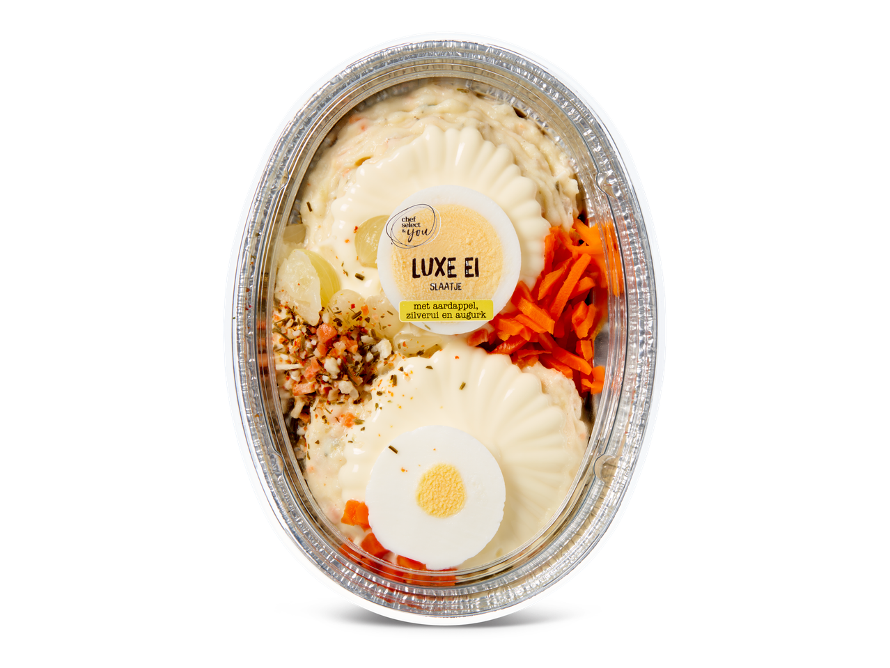 Luxe Ei Slaatje met aardappel, zilverui en augurk in een doorzichtige verpakking.