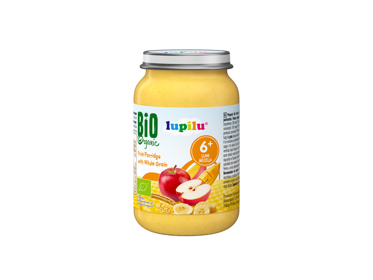 Piure de fructe bio Lupilu cu cereale integrale, pentru bebeluși de peste 6 luni.
