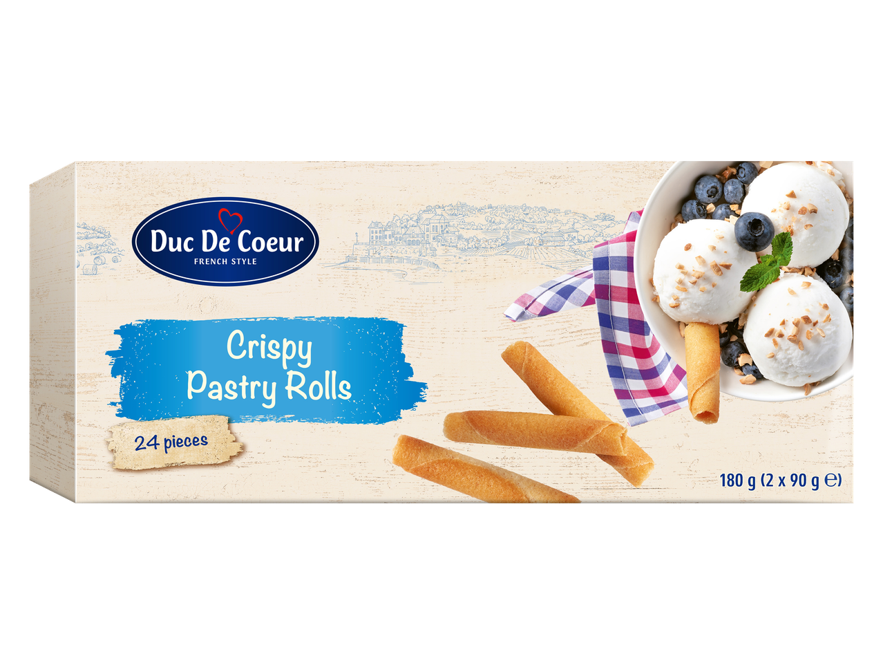 Duc de Coeur Crispy Pastry Rolls box with 24 pieces, served with ice cream and blueberries.