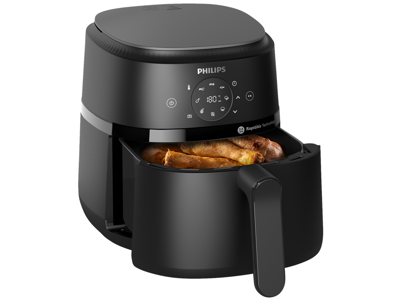 Must õhufritüür digitaalse ekraaniga, mis näitab 180°C, ja kanakoivad sees.