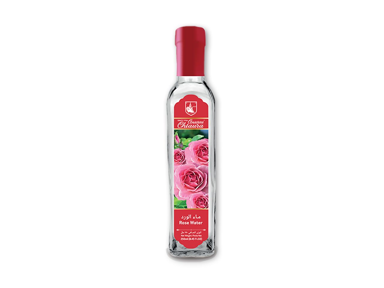En flaske Chtaura rosen vand med et rødt mærke og lyserøde roser.