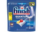 Опаковка на Finish Powerball Quantum с 120 капсули за съдомиялна машина с аромат на лимон.