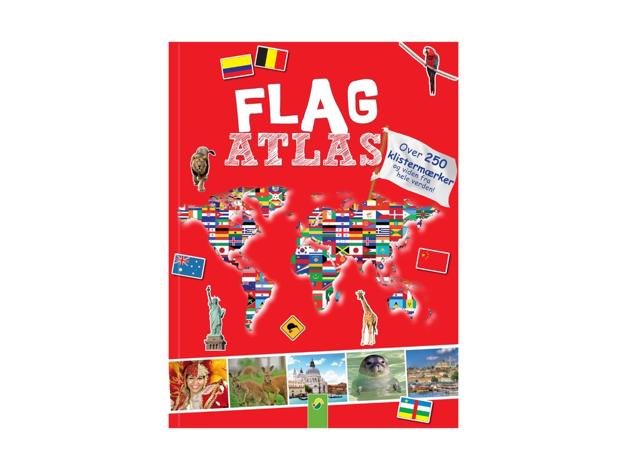 En bog med verdens flag.