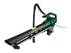 Green and black electric leaf blower with a shoulder strap and wheels, angled on a white background.