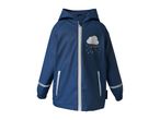 Blue children's rain jacket with a cloud and 'HAPPY DAY' text, reflective stripes.