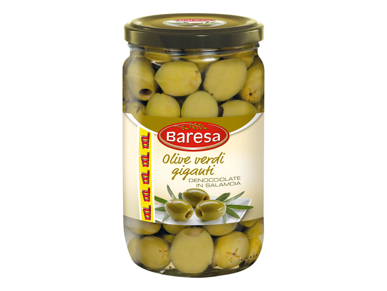 Baresa giant green olives in brine, pitted, in a glass jar.