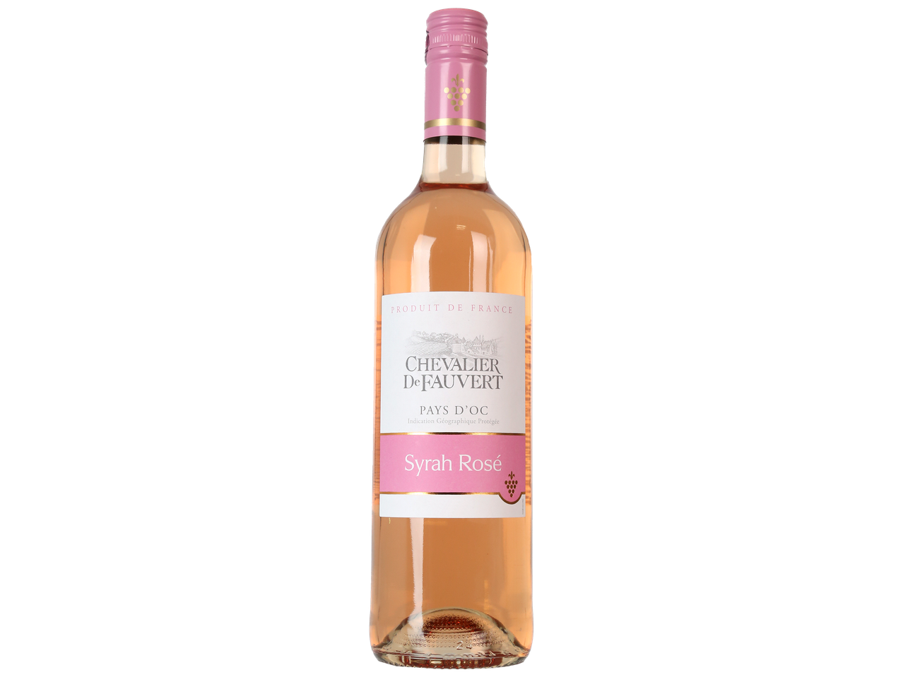 Bouteille de vin rosé Syrah, Pays d'Oc, avec une étiquette blanche et rose.