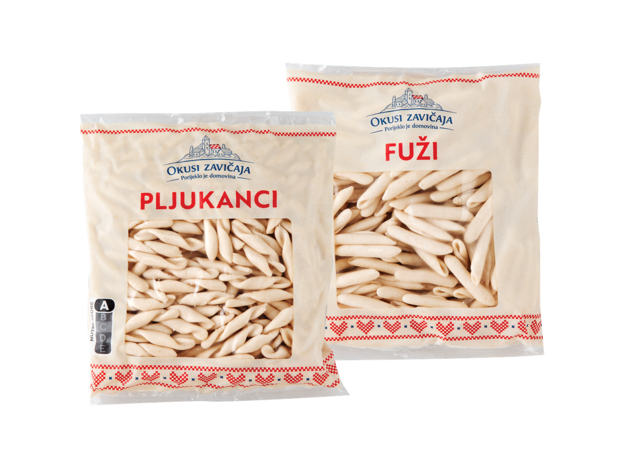Dva pakiranja tjestenine, pljukanci i fuži, s tradicionalnim uzorkom i Nutri-Score oznakom.