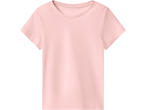 Plain light pink short-sleeved t-shirt with a round neck.