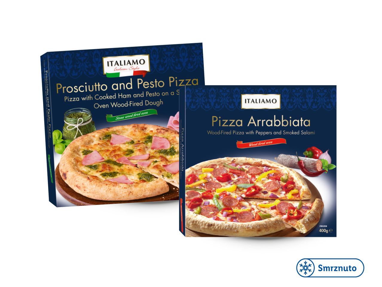 Dvije zamrznute pizze Dr. Oetker: Prosciutto e Funghi i Pizza Arrabbiata.