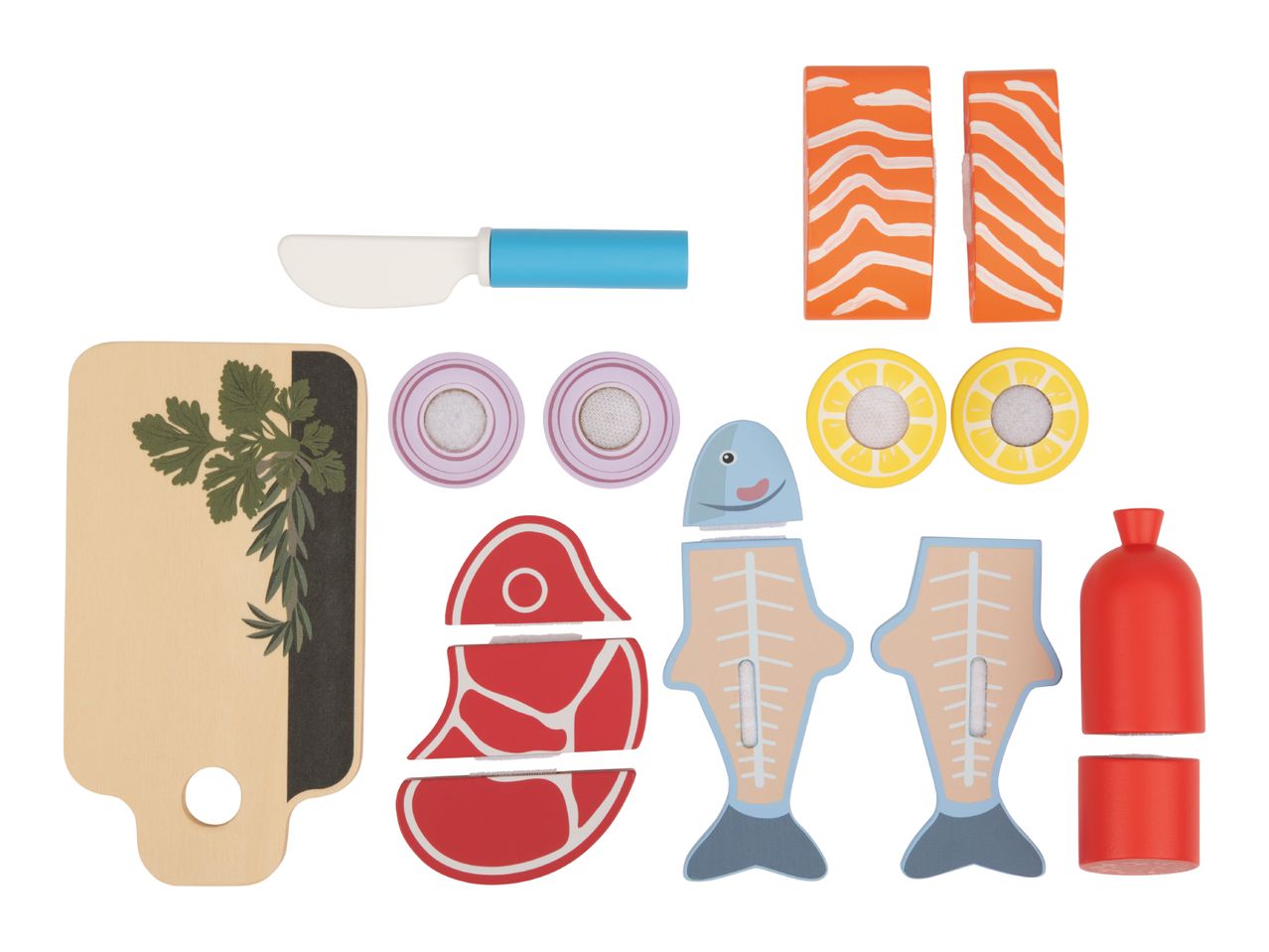 Wooden toy food set with cutting board, knife, fish, steak, salmon, onions, lemons, and a bottle.