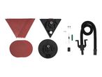 Sander accessories including triangular and circular sanding sheets, sanding pads, and a dust extraction hose.