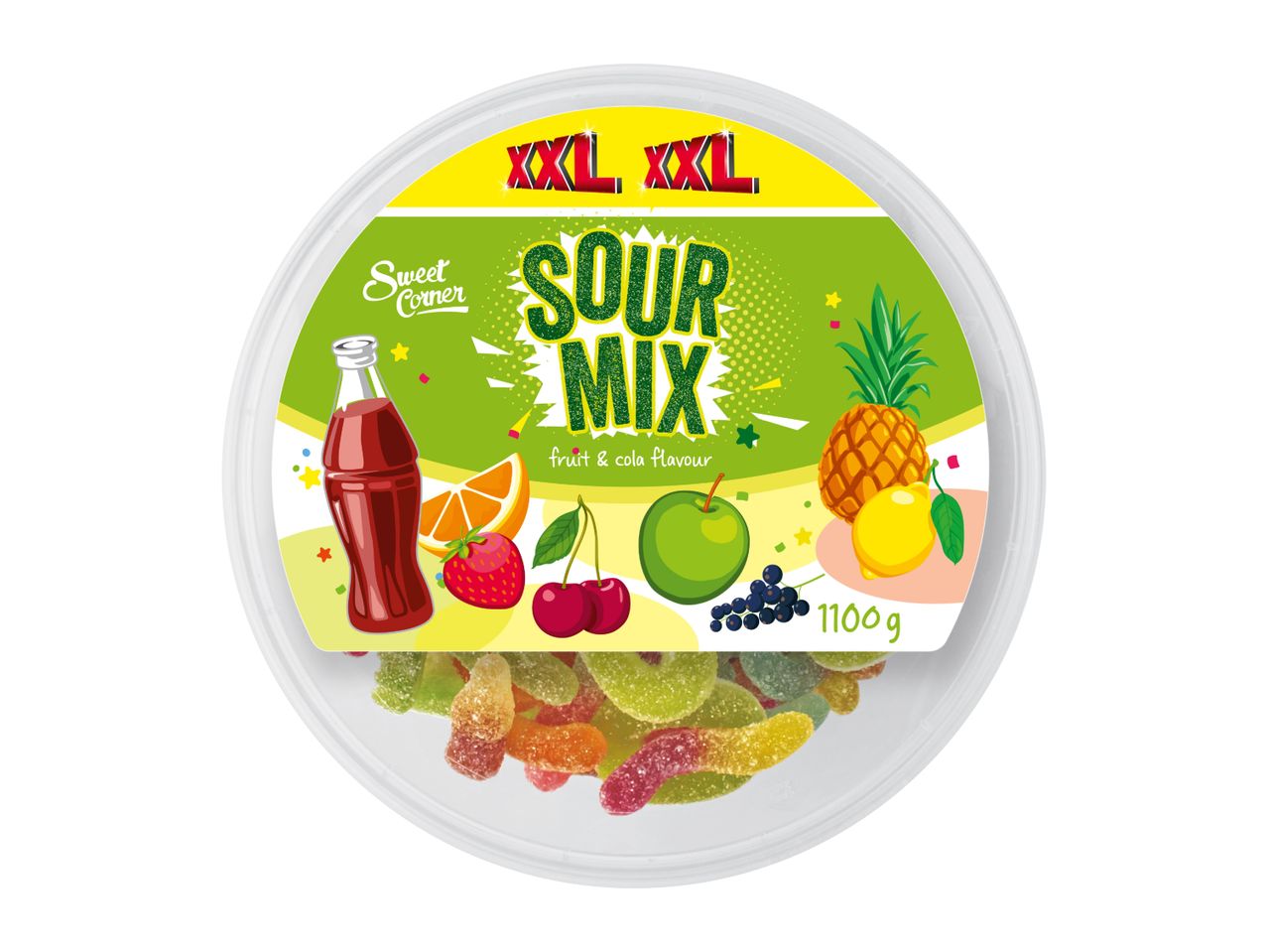 A round container of Sweet Corner Sour Mix fruit & cola flavored candies, 1100g.