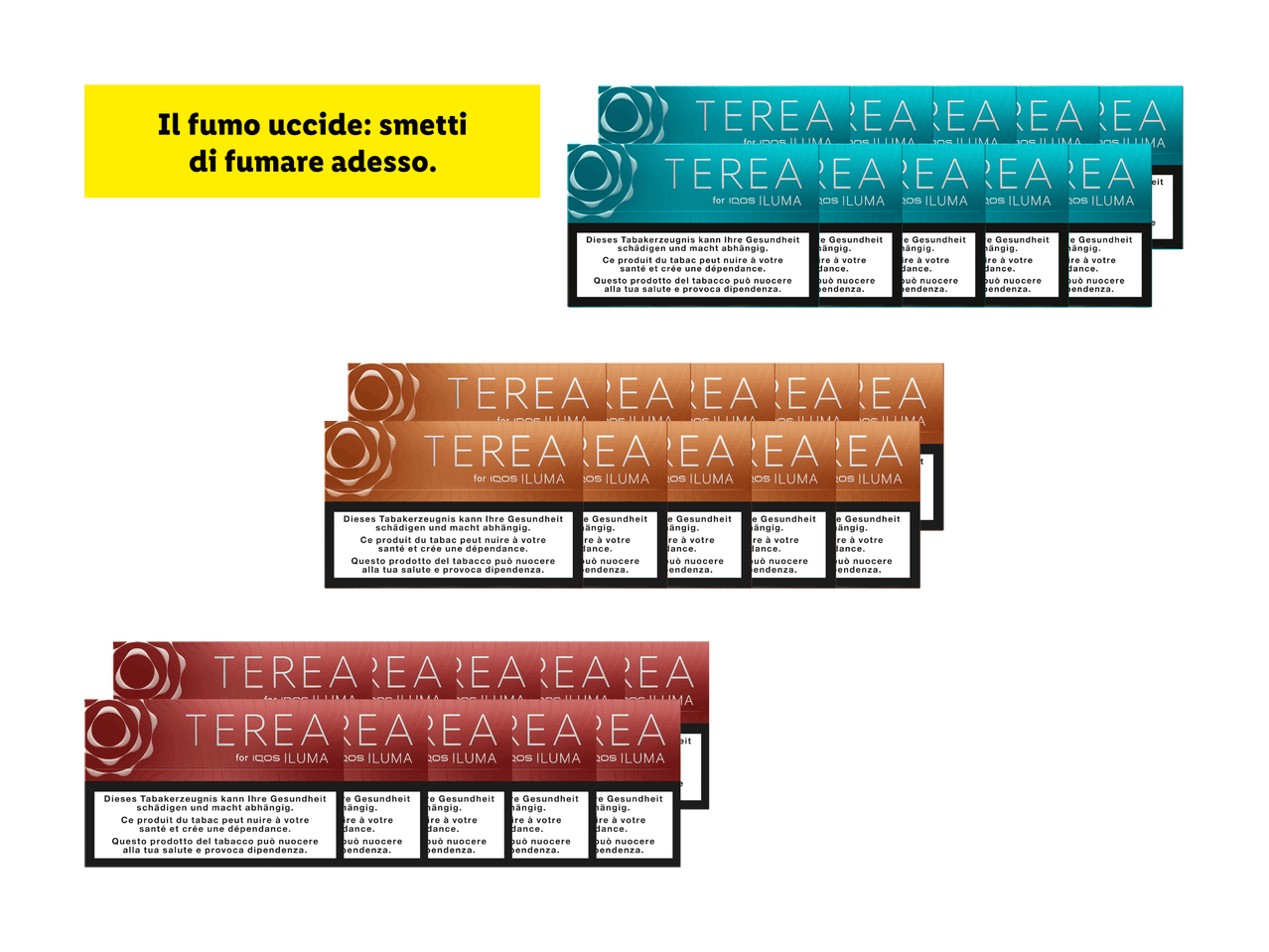 Avviso antifumo su sfondo giallo e pacchetti di tabacco riscaldato in tre colori.