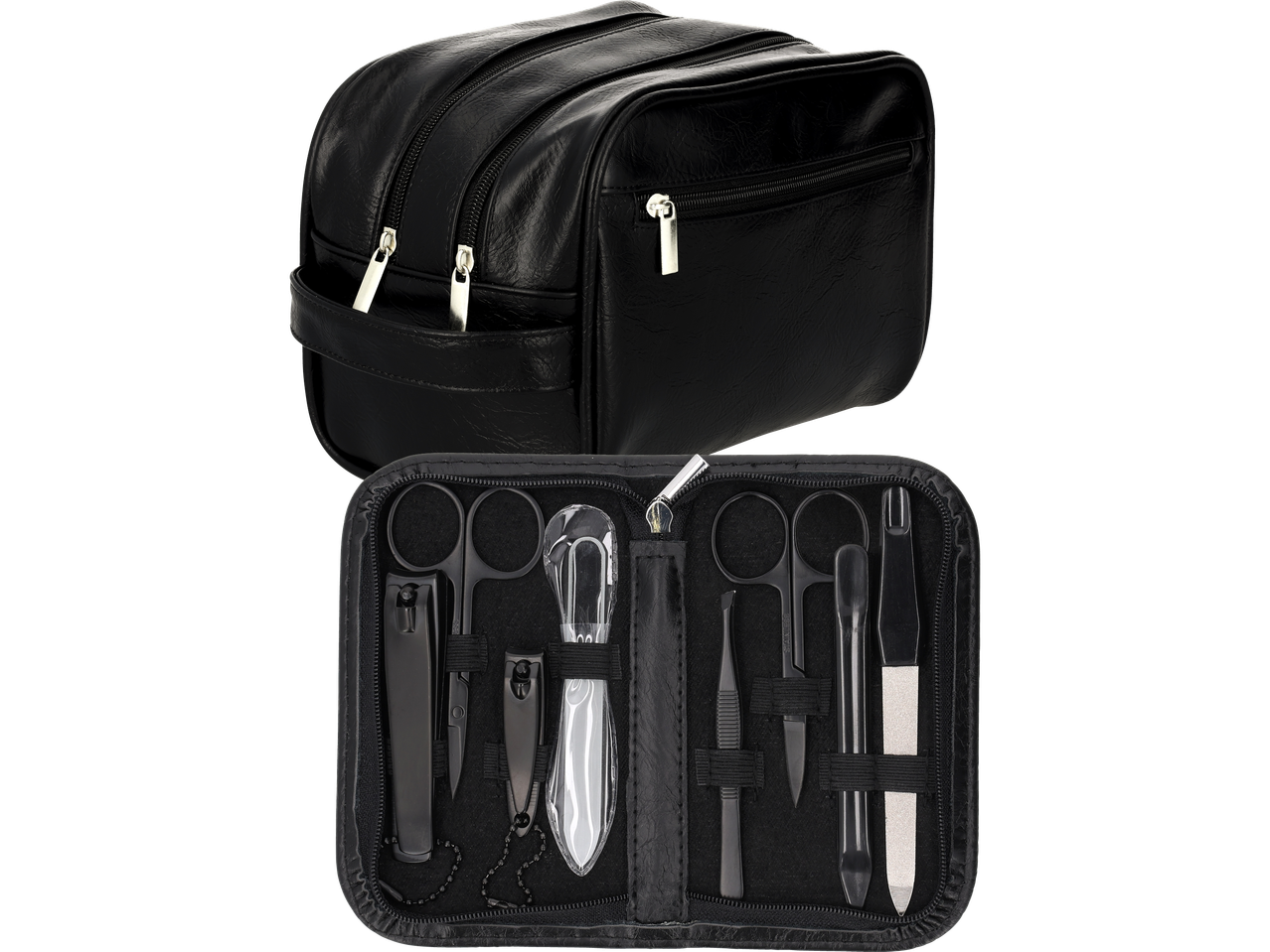 Svart necessär med ett manikyrset som innehåller nagelklippare, sax, pincett och fil.