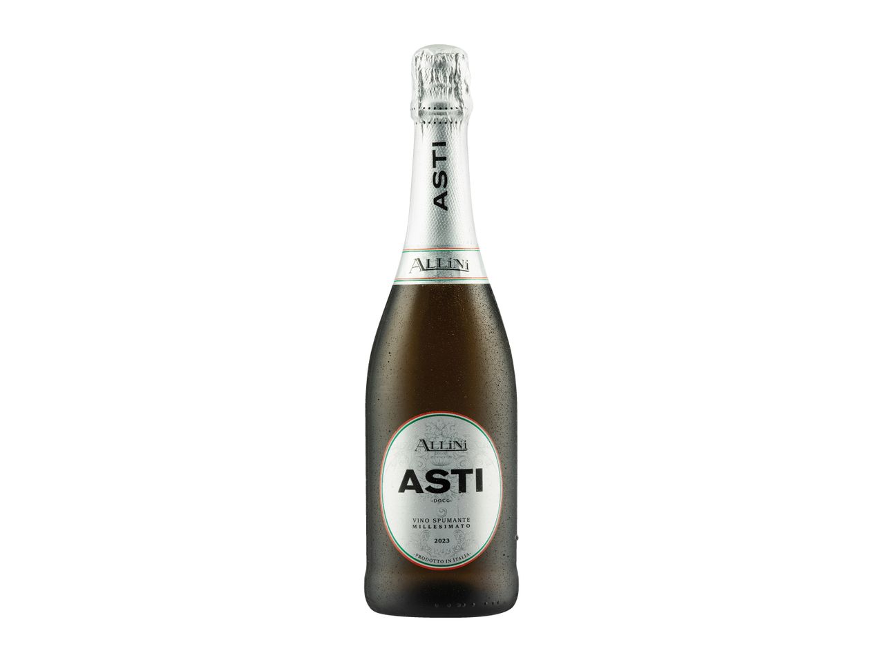 A chilled bottle of sparkling wine with a silver foil top and a white label.