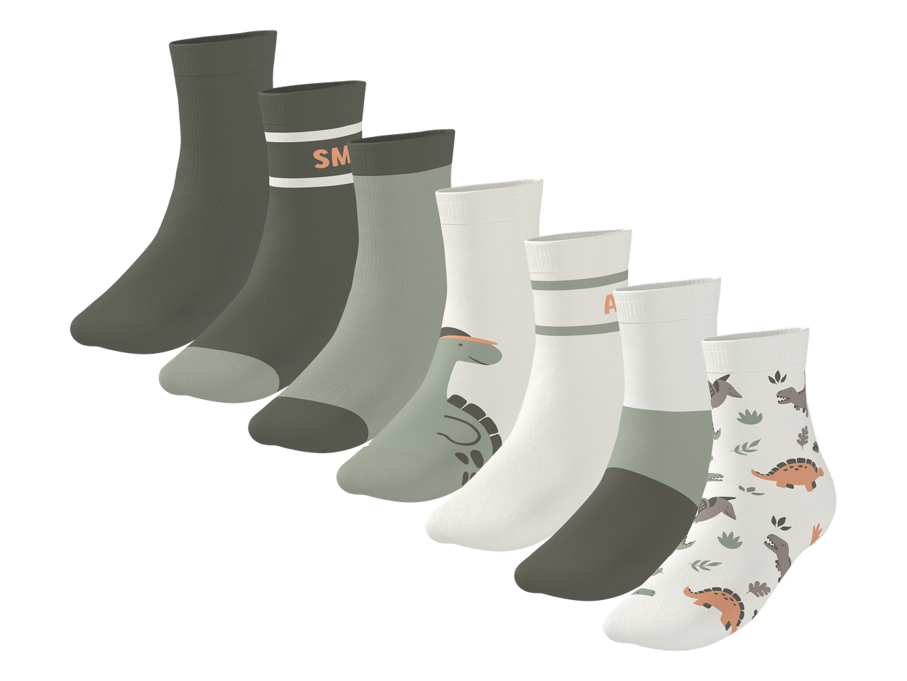 Set dječjih čarapa s uzorkom dinosaura i prugama u zelenim i bijelim nijansama.
